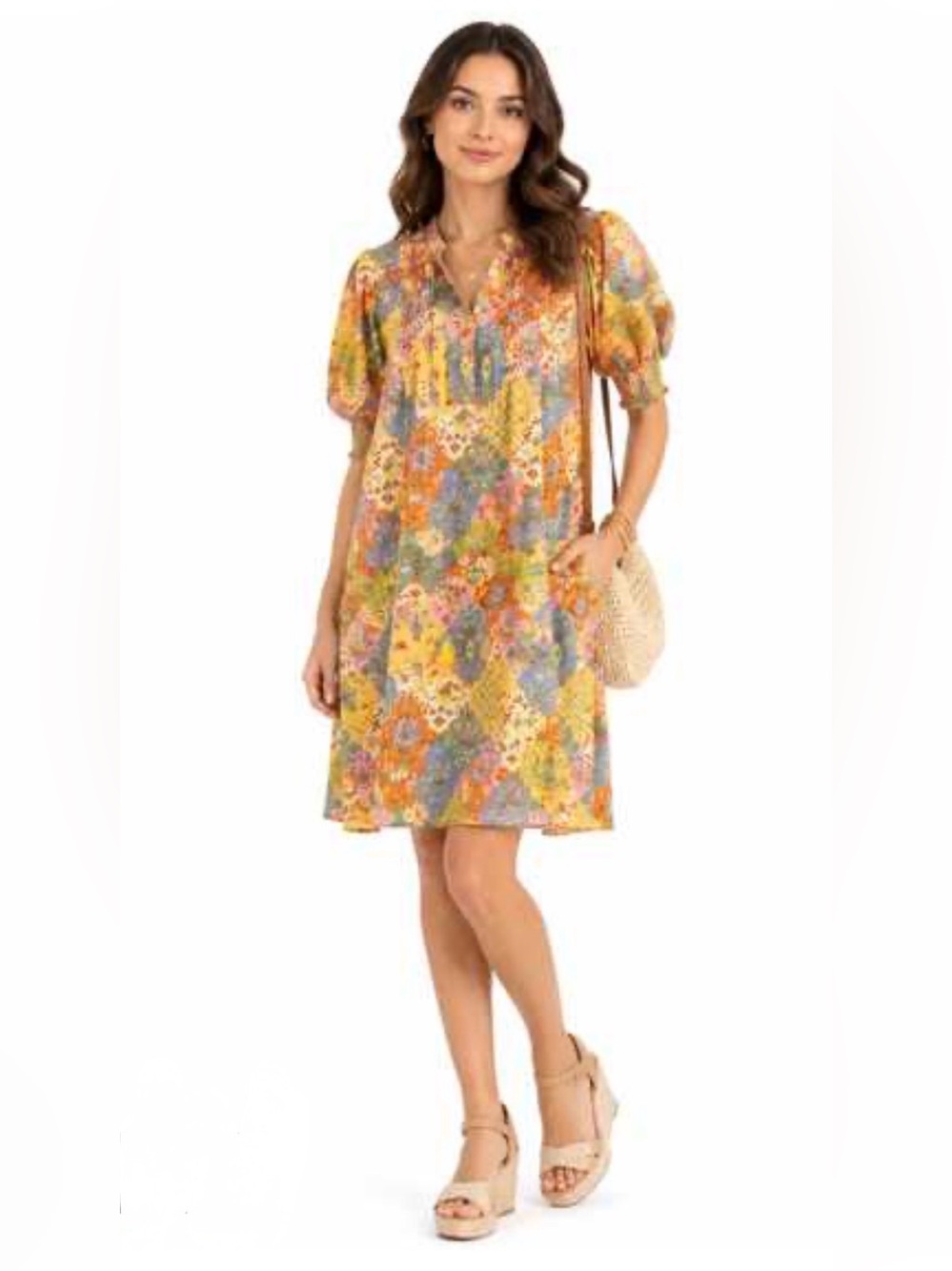 KAKTUS Pastel Printed Short Sleeve V Neck Dress w/ Pockets- XL